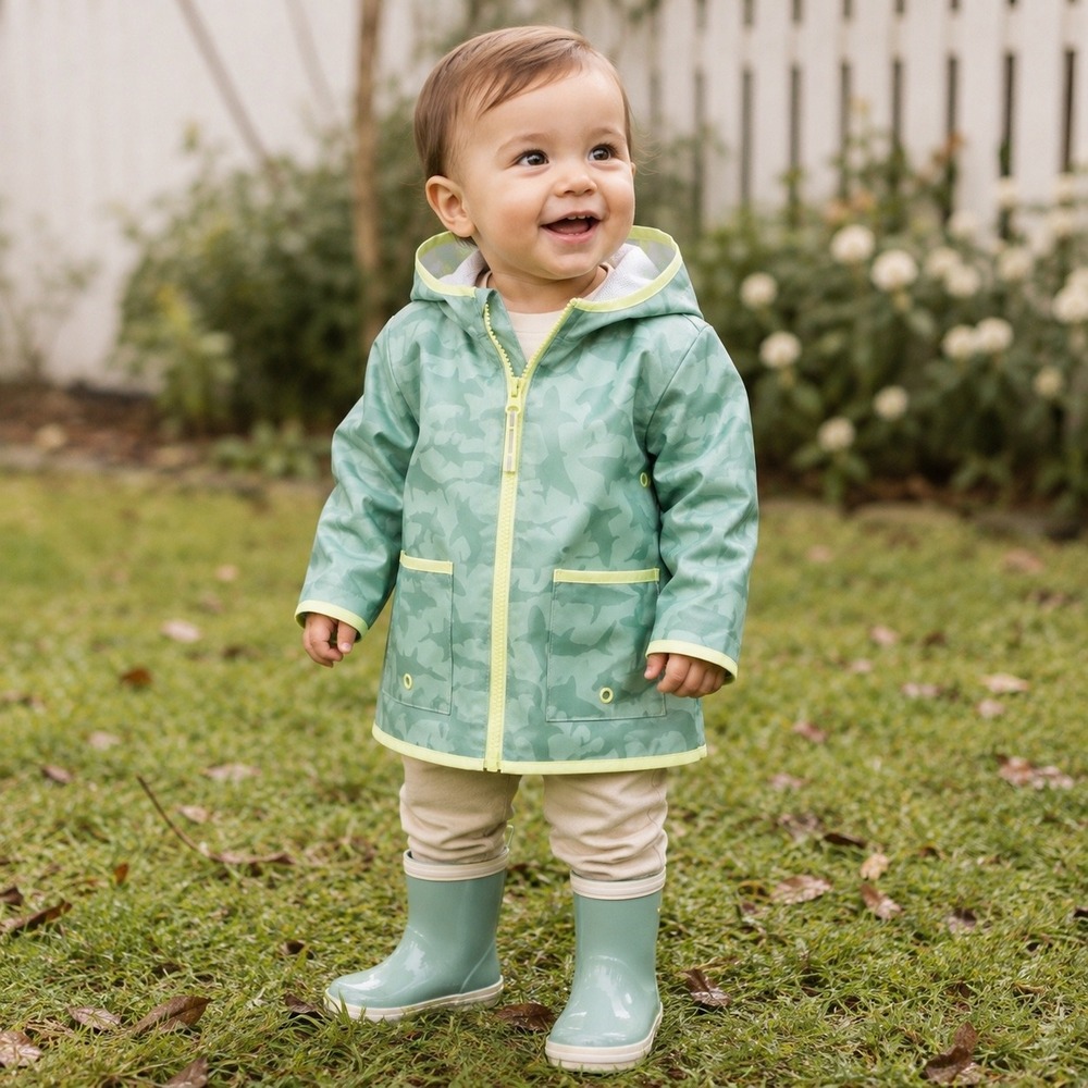 Cat & Jack Boys Shark Print Rain Jacket Green Neon Yellow Hooded Coat 12M NEW